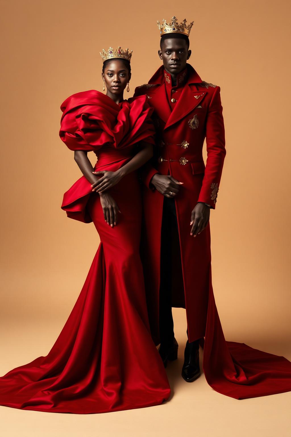 A designer crowned in gold, wearing a sculptural crimson gown